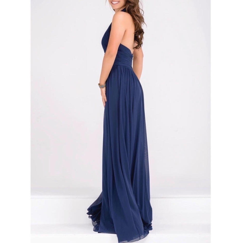 Halter Neck Navy Ruched Bodice Empire Waist Dress - Picture 2 of 2